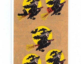 Square of Vintage Witches on Brown Backing Sandylion WITCHES ON BROOMS