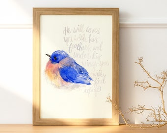 Bluebird Watercolor Print with hand-lettered Scripture from Psalm 91 | Bluebird Painting Made in U.S.A.