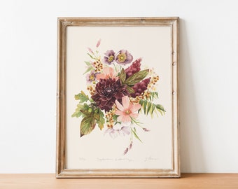 Limited Edition Dahlia Bouquet Floral Watercolor Print with sumac, acorns, bittersweet, cosmos and anemone