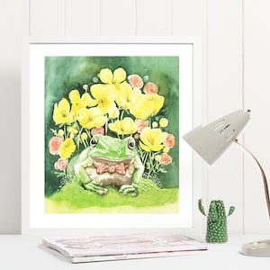 Tree Frog Watercolor Art Print with Yellow Buttercup Flowers | Frog Nursery Print