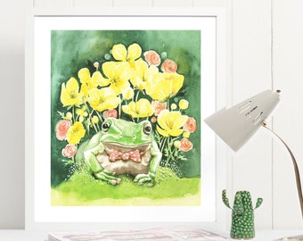Tree Frog Watercolor Art Print with Yellow Buttercup Flowers | Frog Nursery Print