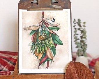 Magnolia Leaves and Mistletoe Fine Art Print with Chickadee Bird | Winter Wall Decor | unframed 8 x 10