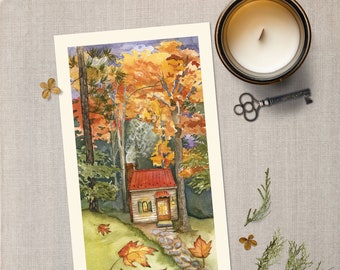 Cozy Forest Cottage Watercolor Art Print for Your Autumn Wall Decor
