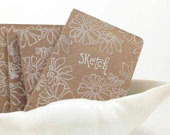 White Floral Linocut Kraft Paper Pocket Notebook with Blank Pages and Hand-lettered Cover for Traveler's Notebooks, Sketching and More!