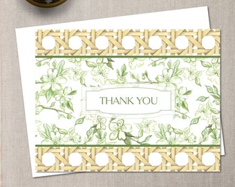 Green Floral and Rattan Granny Chic Thank You Card Set | Grandmillennial Style Thank You Cards