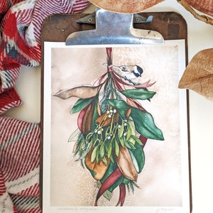 Magnolia Leaves and Mistletoe Fine Art Print with Chickadee Bird Winter Wall Decor unframed 8 x 10 image 2