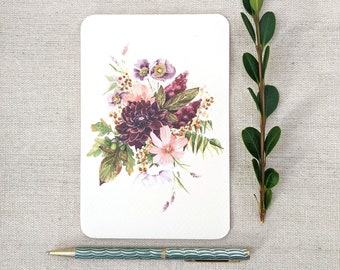 Dahlia Bouquet Postcard or Mini Print with Warm Jewel Tones Featuring Sumac, Cosmos, Anemone, Oak and Bittersweet