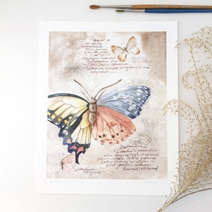 Fantasy Butterfly Watercolor Fine Art Print with Field Guide Sketches size 8 x 10 | butterfly decor
