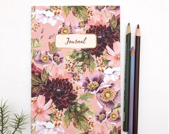 Floral Journal or Notebook with 60 Lined Pages and Original Watercolor Dahlia Floral Design
