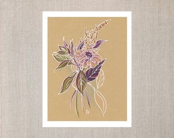Zinnia Floral Bouquet Mixed Media Art Print in Deep Jewel Tones on Brown Paper Background | 8" x 10" Unframed Botanical Wall Art