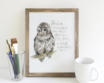 Watercolor Owl Print in Soft Neutrals with Hand-lettered Scripture for Farmhouse, Rustic, Lodge or Cottage Home Decor