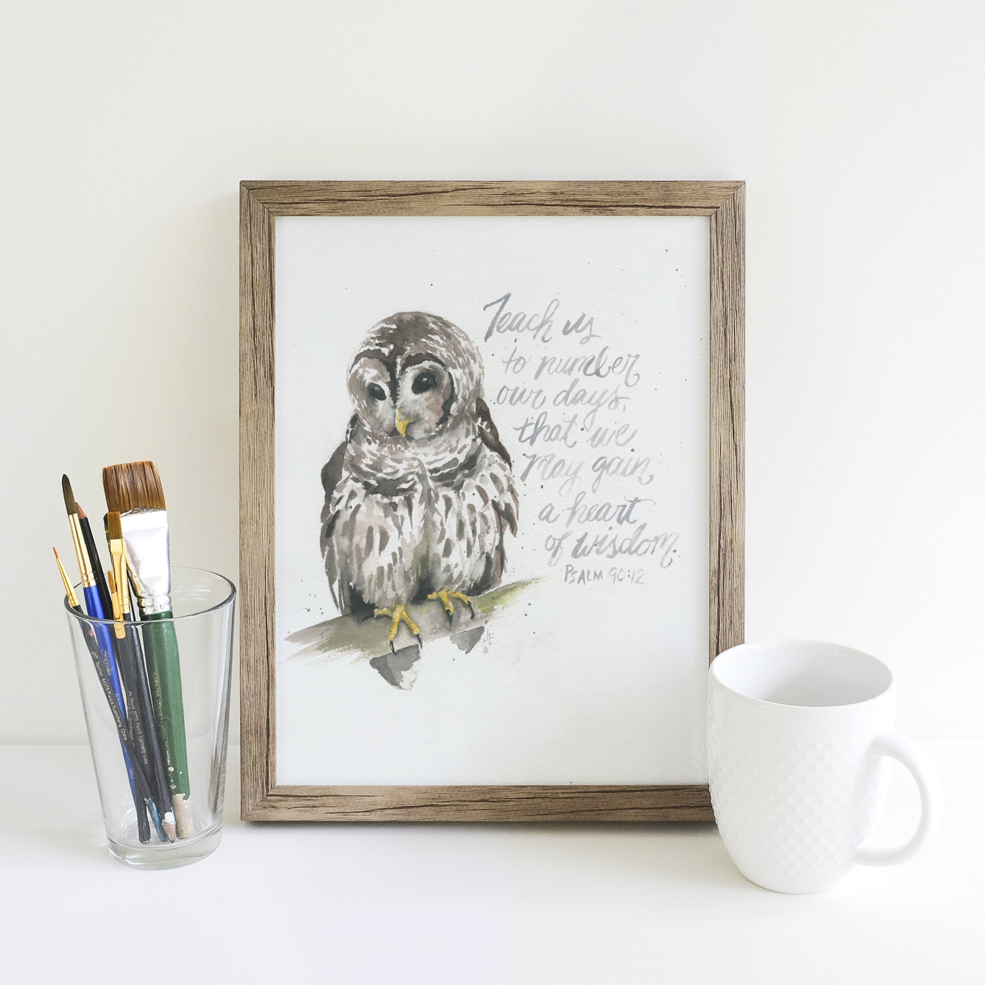 Watercolor Barred Owl Print with Hand-lettered Bible Verse for Rustic or Cottage Core House Decor |