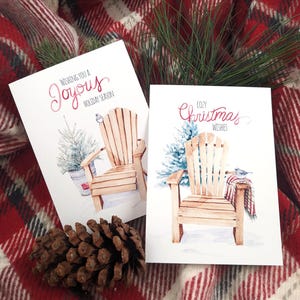 Winter Wonderland: Luxury Watercolor Christmas Cards with Adirondack Chairs & Pine Trees in Snow | Set of Two w/ Red Envelopes