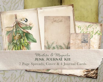May include: A junk journal kit with a vintage aesthetic featuring a mistletoe and magnolia theme. The kit includes 7 page spreads, a cover, and 4 journal cards. The text "Joy to the World" is visible on one of the pages.