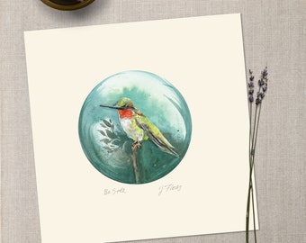 Irridescent Hummingbird Watercolor Print with Hand-applied Metallic Highlights | Limited Edition Hummingbird Print