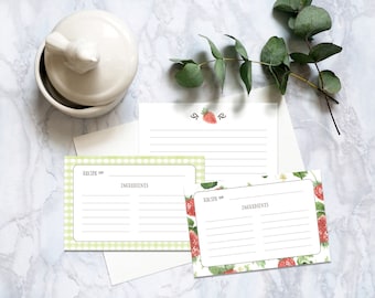 Strawberry Watercolor Recipe Card Set | Double-sided set of twelve 4" x 6" recipe cards