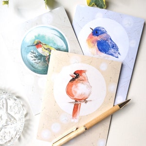 Watercolor Birds Notecards Set with Hummingbird, Bluebird and Cardinal | size A2, set of six with white envelopes