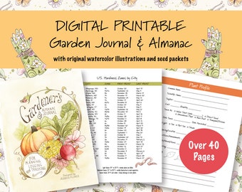 Planejador de jardim para impressão: ilustrações em aquarela, modelos de pacotes de sementes (download digital)