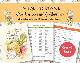 PRINTABLE Garden Planner in 2 sizes with over 40 illustrated pages to track, log and record your plants, plus printable seed packets!