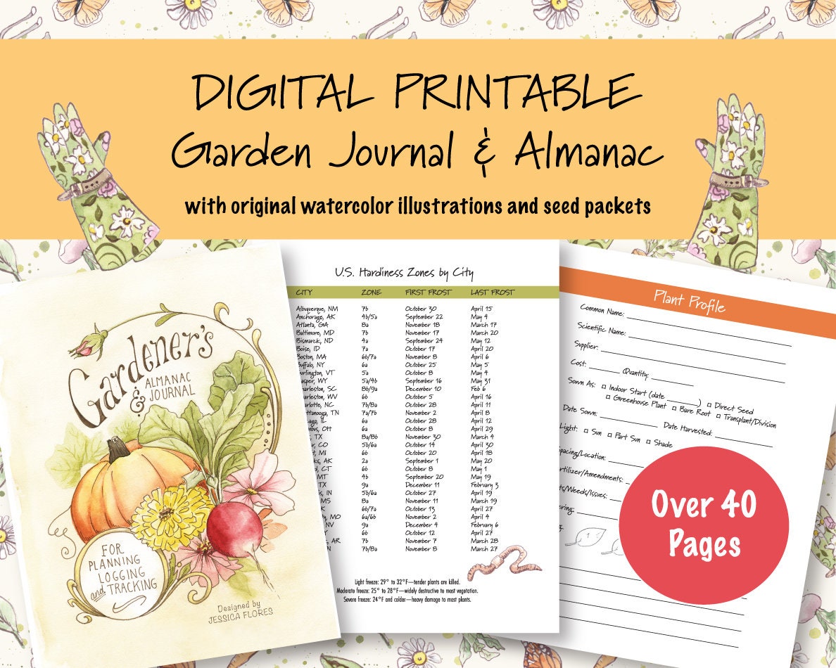 Printable Garden Planner: Watercolor Illustrations, Seed Packet Templates (Digital Download)