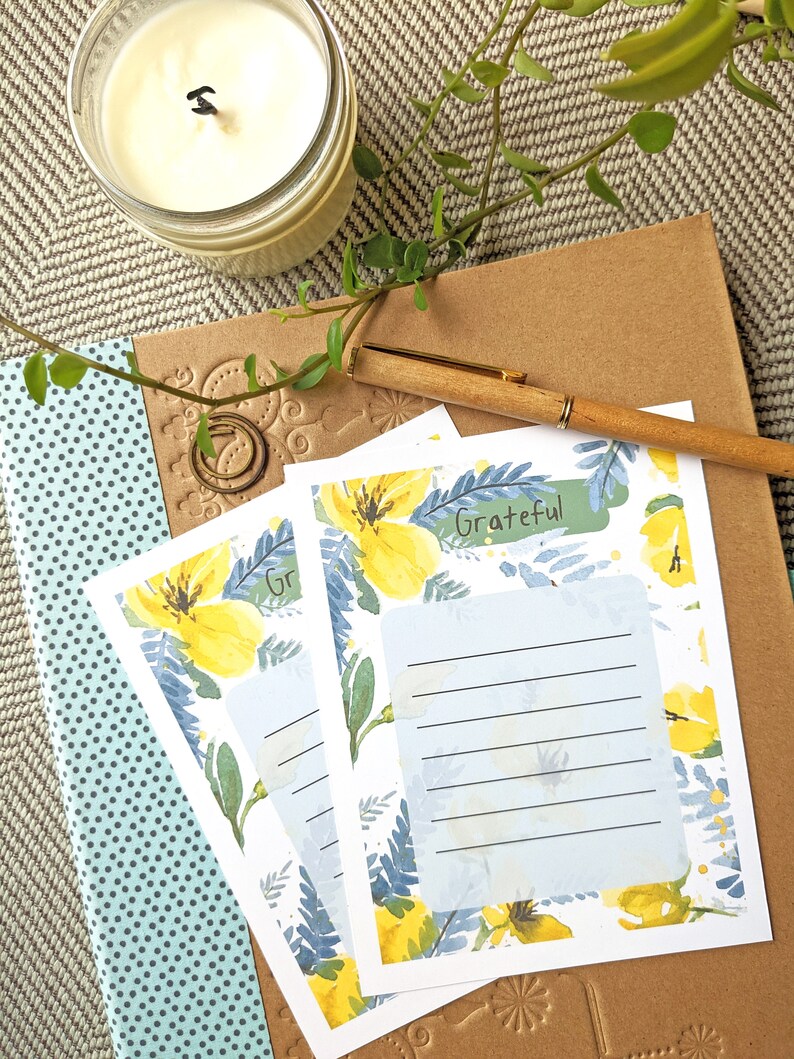 Printable Gratitude Cards With Watercolor Floral Illustrations Yellow
