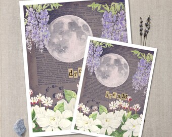 Mixed Media Art Print - Dream Garden with Full Moon, Vintage Dictionary Elements and Watercolor Florals