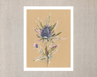 Nature-inspired Blue Thistle Art | Navy Blue & Jewel Tones | Brown Paper Background | 8x10 | Unframed