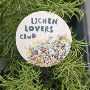 May include: A white round sticker with a green and white illustration of lichen. The sticker says "LICHEN LOVERS CLUB" in green text.