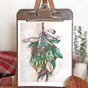 Magnolia Leaves and Mistletoe Fine Art Print with Chickadee Bird Winter Wall Decor unframed 8 x 10 image 4