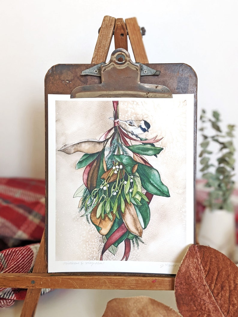 Magnolia Leaves and Mistletoe Fine Art Print with Chickadee Bird Winter Wall Decor unframed 8 x 10 image 4