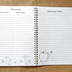 Pode incluir: Um caderno em branco com encaderna&ccedil;&atilde;o em espiral. A p&aacute;gina da esquerda tem o cabe&ccedil;alho "Recursos" com colunas para "Empresa/Individuo" e "Site/Contacto". A p&aacute;gina da direita tem o cabe&ccedil;alho "Notas adicionais" e um desenho de um regador. A parte inferior da p&aacute;gina da esquerda tem um desenho de flores com as palavras "Crescer" e "Prosperar" em estacas.