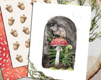 Set of Woodland Mouse Mushroom Notecards, Pack of 8 Blank Cards with 4 Designs Featuring Coordinating Lichen and Acorn Patterns