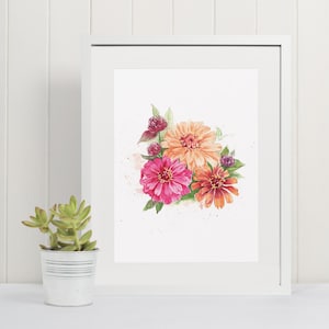 Zinnia Flower Watercolor Print in Vibrant Pink and Melon Tones for the Colorful Home | 8 x 8, 8 x 10