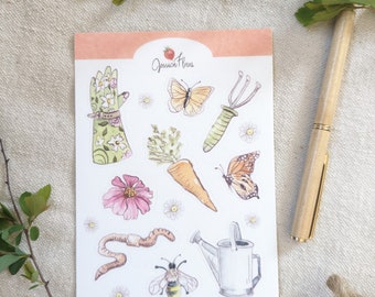Garden-themed watercolor sticker sheet with nine heavy, water-resistant, cute stickers | bujo stickers for garden journal