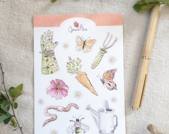 Garden-themed watercolor sticker sheet with nine heavy, water-resistant, cute stickers | bujo stickers for garden journal