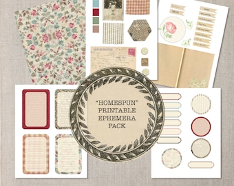 HOMESPUN Digital Junk Journal Kit with Cottagecore Style Vintage Fabrics, Findings and Original Art | Printable Vintage Ephemera