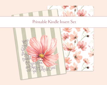 Set di inserti digitali per Kindle con fiori rosa ad acquerello dipinti a mano e una citazione carina.
