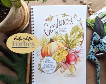 Garden Journal and Almanac with illustrated pages for planning, making lists, logging performance, tracking spending and more!