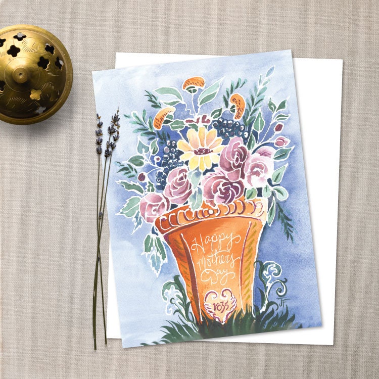 Mothers Day Blank Watercolor Floral Card | Folk Art Potted Flowers ...