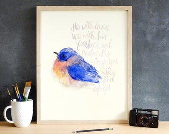 Bluebird Watercolor Print, Bird Print, Bird with Scripture Print, Bluebird Painting, Psalm 91 Painting, Scripture Art, Made in U.S.A.
