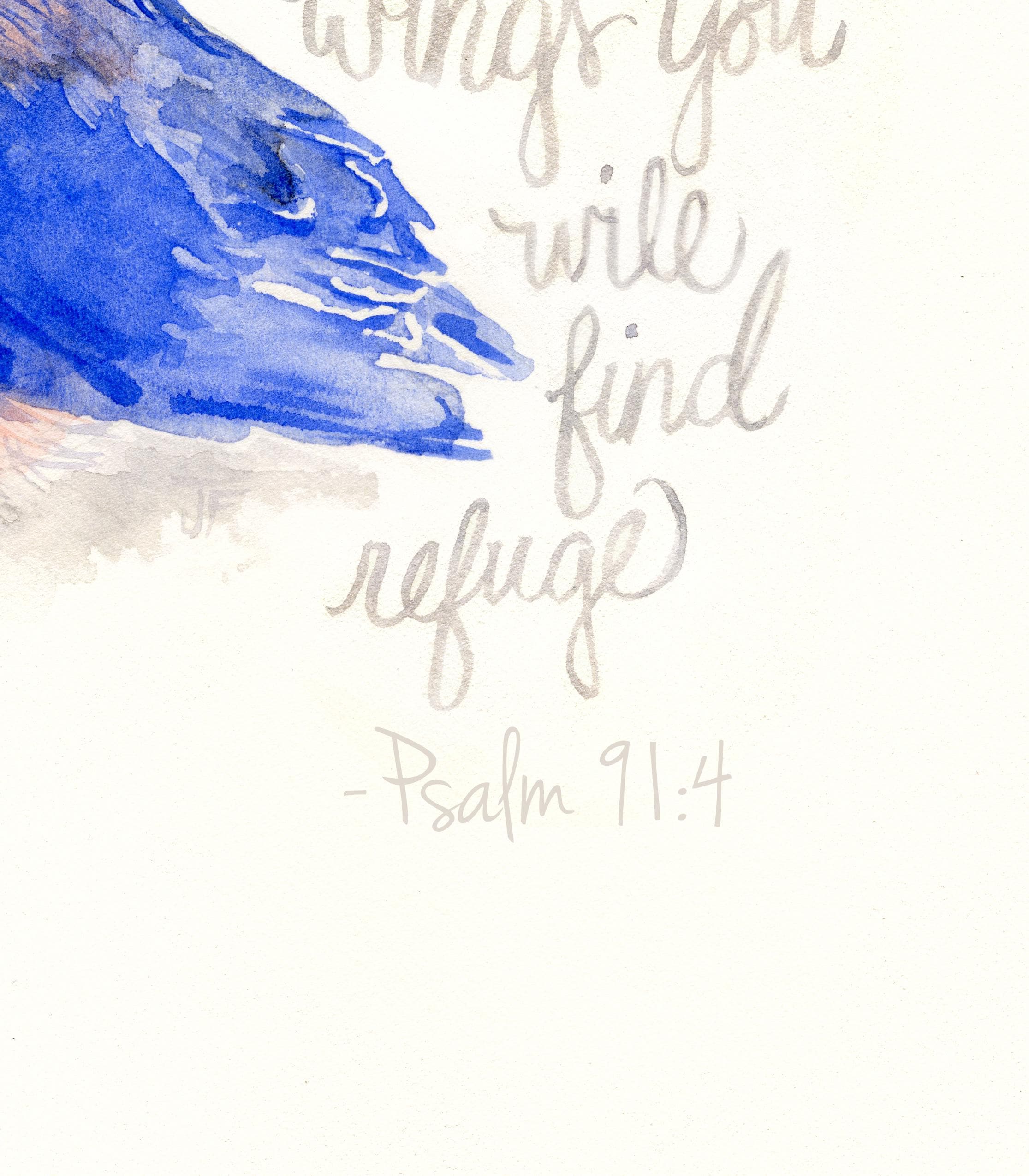 Bluebird With Scripture Bluebird Watercolor Print With Hand-lettered Scripture From Psalm 91 ...