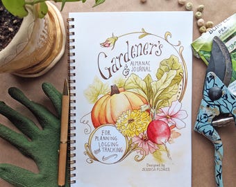 Conjunto de presente para diário de jardinagem com páginas ilustradas para planejamento, criação de listas, registro de desempenho, controle de gastos e muito mais!