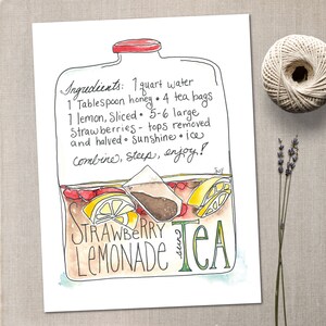 Impression d'art de recette de thé sucré limonade aux fraises peinte à l'encre et aquarelle 8 x 10 | Téléchargement numérique