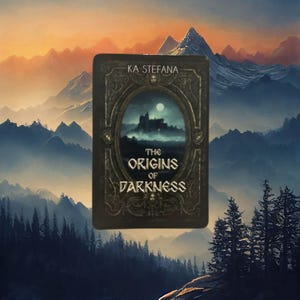 May include: A book cover with a dark background and gold accents. The title is "The Origins of Darkness" by Ka Stefana. The cover features a silhouette of a castle in a foggy landscape.