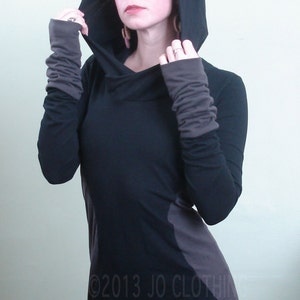 extra long sleeved hooded tunic dress Black/Cement color block sides image 1