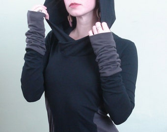 extra long sleeved hooded tunic dress Black/Cement color block sides