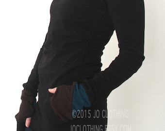 tunic top with cowl neckline/thumb hole sleeves/Black/Teal/Brown