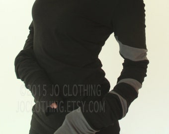 hooded top with extra long sleeves/ Black with Cement Grey spiraling stripe details