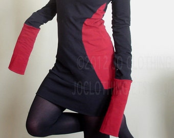 extra long sleeved hooded tunic dress Black/Red color block sides