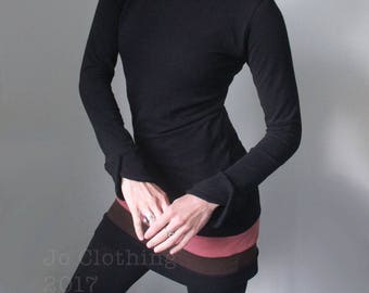 mock turtleneck tunic dress/long sleeved with petal cuffs/black with marsala pink/chocolate brown